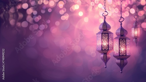Traditional Ramadan lanterns glowing warmly, suspended in a mystical atmosphere with a bokeh of sparkling lights, evoking the spirit of the holy month.