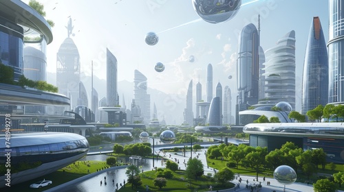 A breathtaking futuristic cityscape with harmonious blend of nature and technology in a futuristic metropolis, featuring verdant skyscrapers, sustainable living, and advanced aerial vehicles.