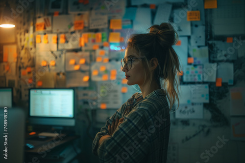 An AI assistant organizing and prioritizing tasks for a busy professional, a woman is standing in front of a wall with sticky notes on it