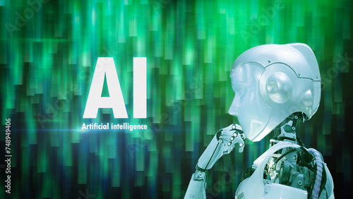 White cyborg creating big data, cloud, computer network with AI logo hologram.Learning automation concept, artificial intelligence technology innovation and futuristic technology transformation.