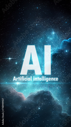 AI Artificial intelligence symbol on night sky, Universe filled with stars, Nebula and galaxy background for learning big data processing technology in astronomy concept.Vertical.