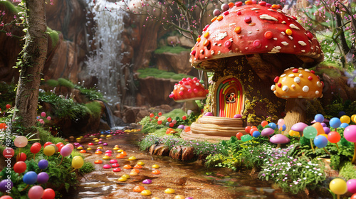 A fantasy mushroom house with a vibrant edible exterior located in the heart of a Candy Garden where gumdrop pathways lead to chocolate streams photo