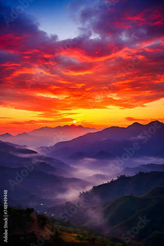 Epic Sunrise/Sunset Scene Displaying Radiant Sky Colors Over Low-Lying Hills. © Austin