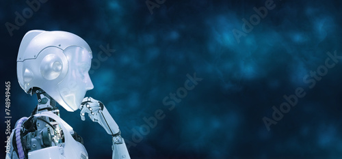Cyborg creating big data, cloud, computer network on dark blue background with copy space. Learning concept, artificial intelligence technology innovation and futuristic technology transformation.