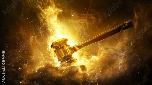 A powerful image capturing a judges gavel mid strike a beacon of justice and law with the emblem of justice subtly glowing behind