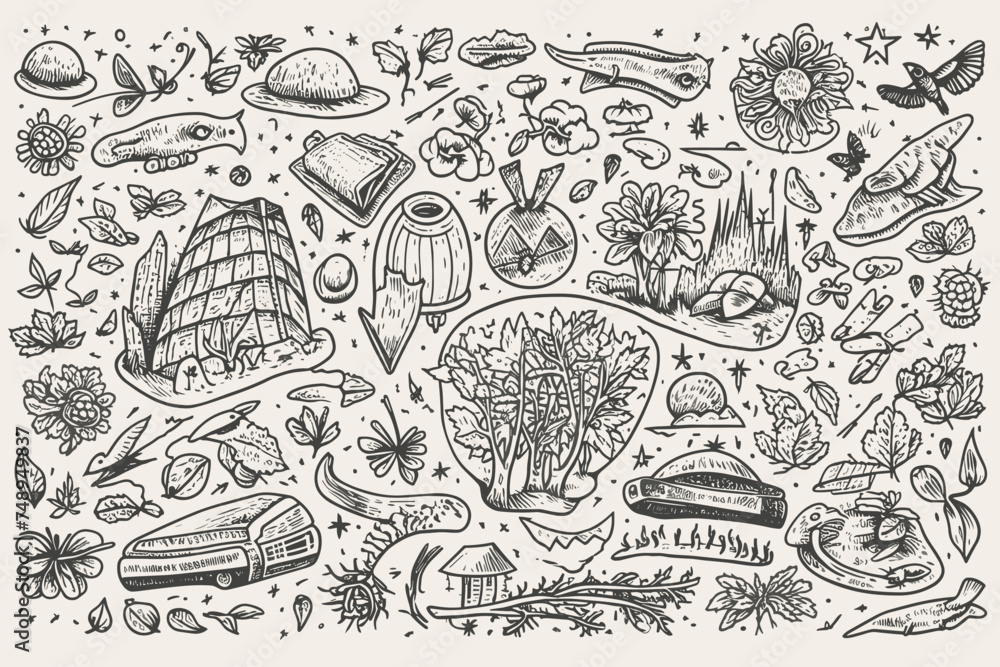 Graphic hand drawn collection of cottage core illustrations in doodle style. Small houses, sunflowers, hats, boots, bees, herbs, all elements suitable for coloring, black lines