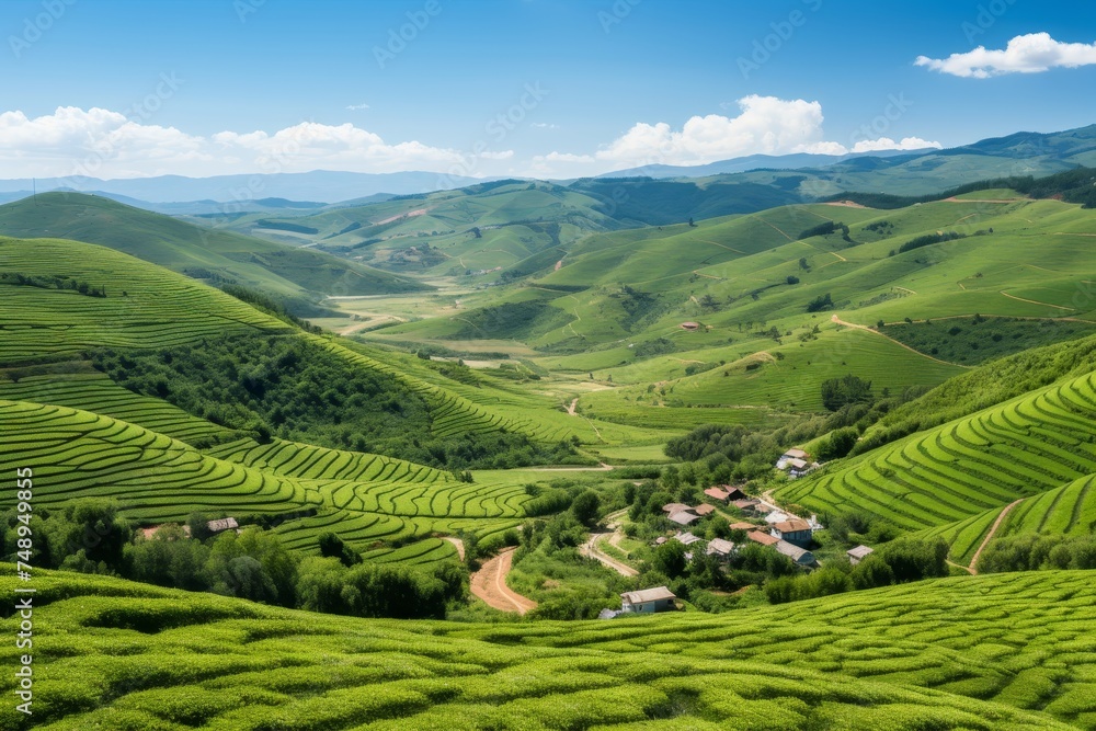 Vibrant tea plantation abstract background under the summer sun on a picturesque day
