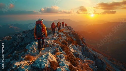 Group hiking up mountain at sunset, enjoying breathtaking natural landscape