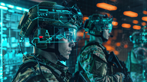 Elite soldiers in a high tech warzone using HUD equipped helmets to receive strategic commands and real time data enhancing their tactical advantage photo