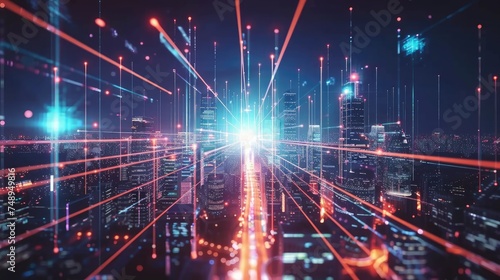 Data transfer visualized as light beams shooting across a high tech cityscape