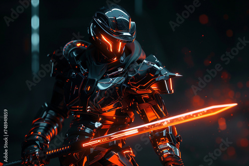 Futuristic dark empires elite guard armored in reflective obsidian holding a glowing katana poised and menacing