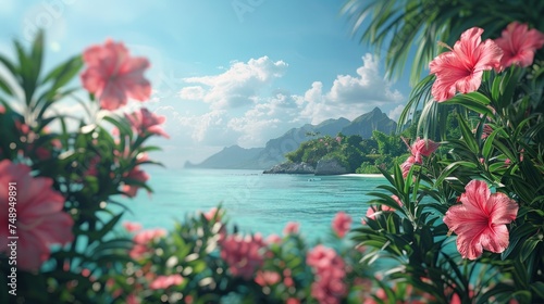 A minimalist composition of a tropical paradise, featuring lush greenery, exo...