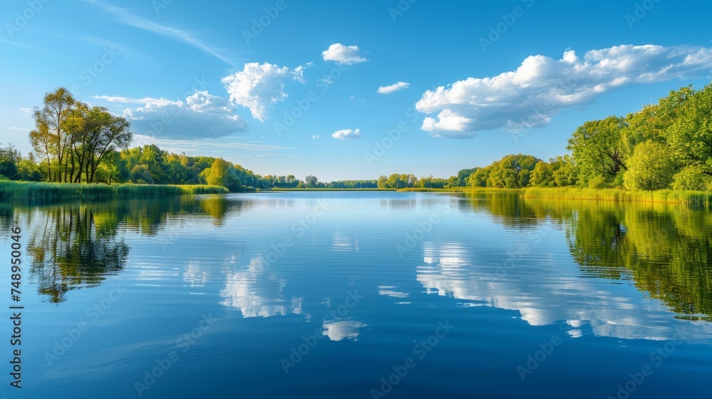 Obraz premium A minimalist composition of a tranquil lake, with calm waters reflecting the surrounding trees