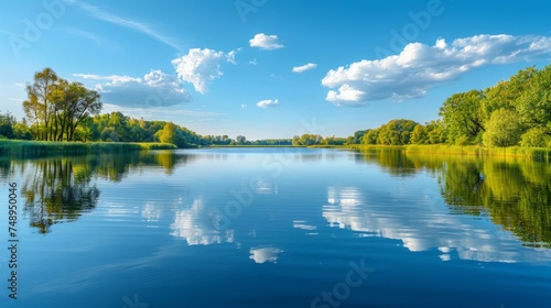 A minimalist composition of a tranquil lake, with calm waters reflecting the ...