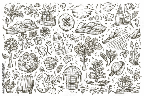 Graphic hand drawn collection of cottage core illustrations in doodle style. Small houses, sunflowers, hats, boots, bees, herbs, all elements suitable for coloring, black lines