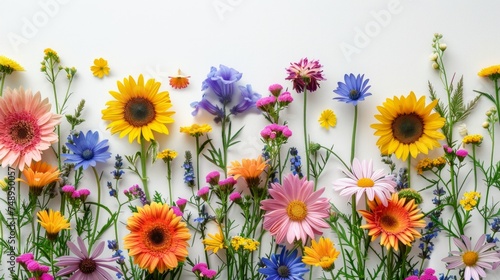 A minimalist arrangement of bright summer flowers like sunflowers and daisies