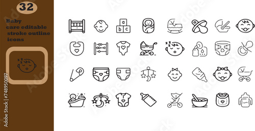 Baby care editable stroke outline icons set