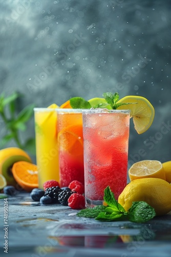 A minimalist arrangement of colorful summer drinks like lemonade and fruit sm...