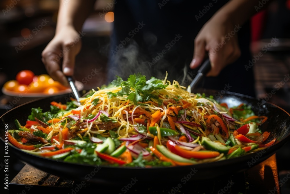 Close-up of mans hands cooking fresh vegetables on modern electric stove in sleek, bright kitchen