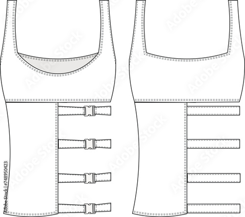 u neck scoop neck sleeveless shoulder straps strappy low-cut cutout belted belt detailed blouse template technical drawing flat sketch cad mockup fashion woman design style model denim jean
