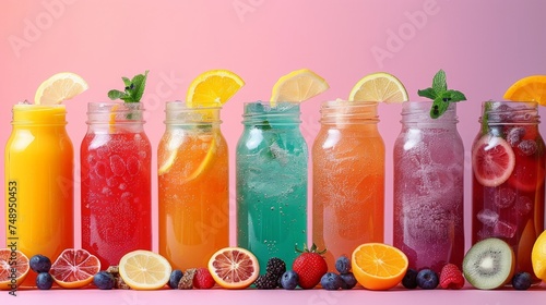 A minimalist arrangement of colorful summer drinks like lemonade and fruit smoothies