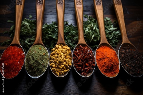 Assorted spices on wooden spoons for cooking. Film style high quality top view image of ingredients