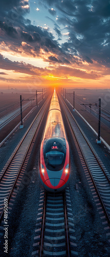 High-speed train on the countryside viewed from a drone soaring above