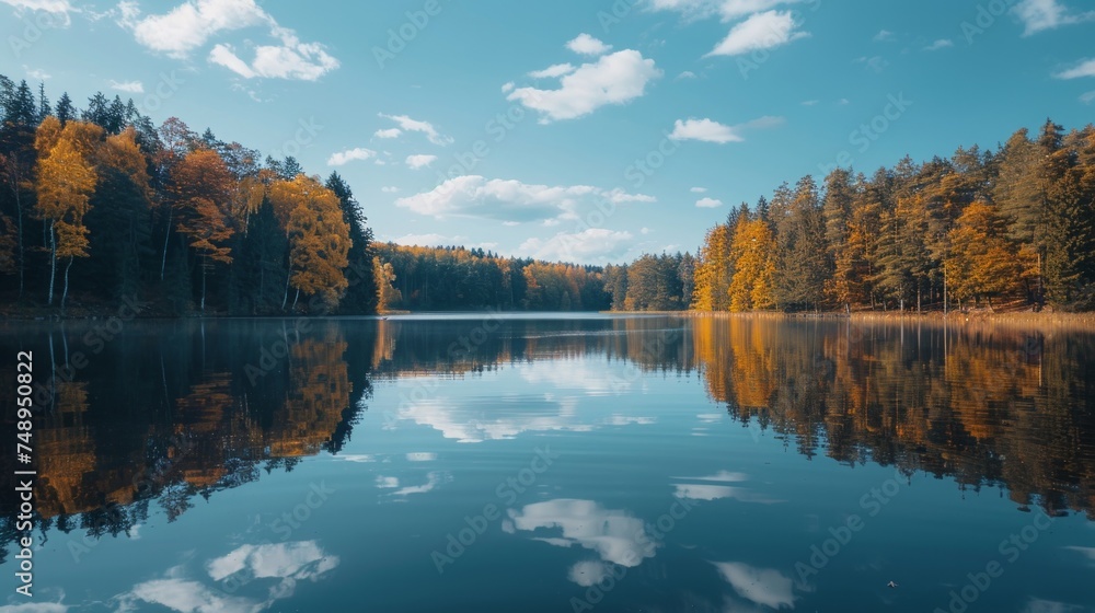 A minimalist composition of a tranquil lake, with calm waters reflecting the surrounding trees