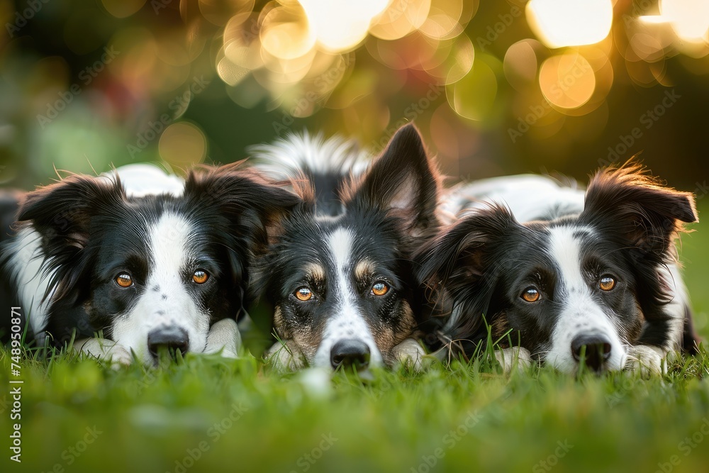 Fototapeta premium Three Border Collies in Harmony, Embracing Friendship on Lush Green - Generative AI