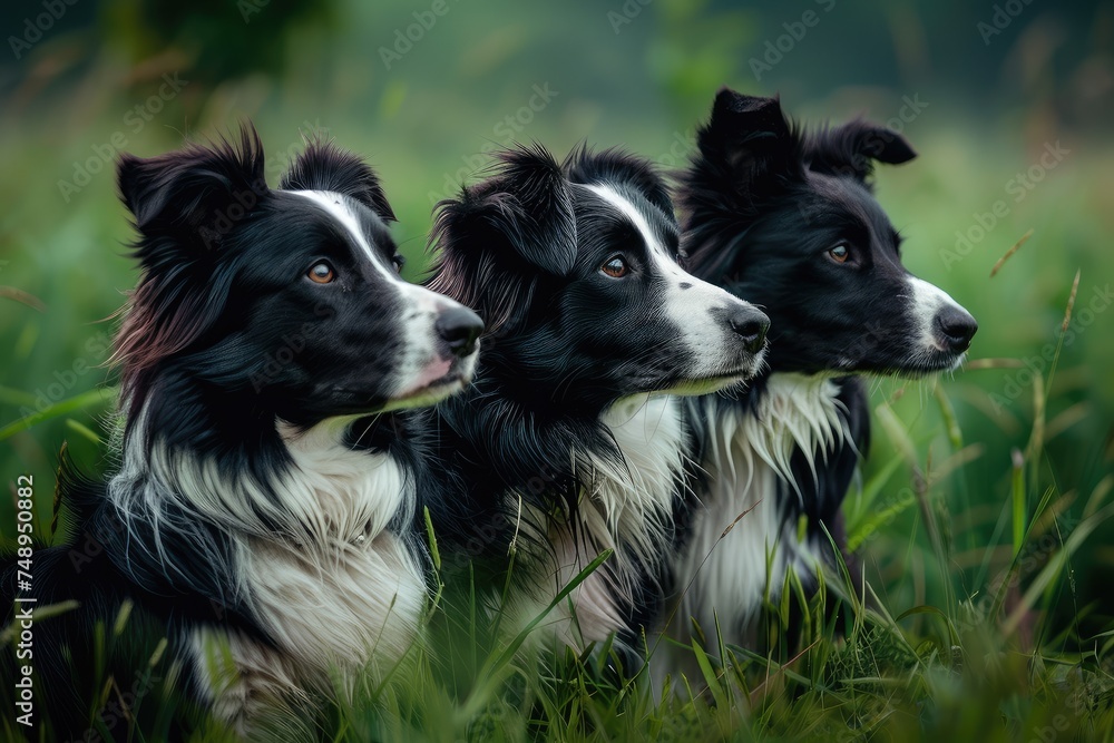 Three Border Collies in Harmony, Embracing Friendship on Lush Green - Generative AI Three Border Collies in Harmony, Embracing Friendship on Lush Green - Generative AI