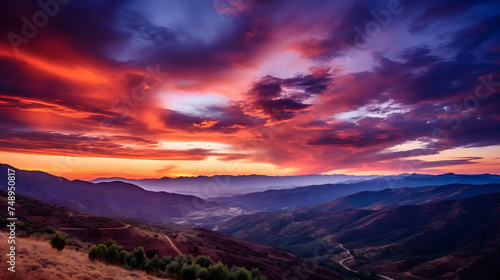 Epic Sunrise/Sunset Scene Displaying Radiant Sky Colors Over Low-Lying Hills.