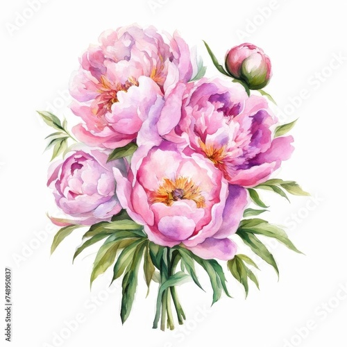 Beautiful bright bouquet of watercolor peonies on white background, Generative AI