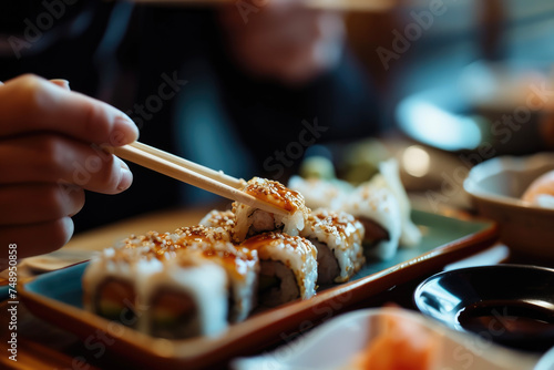 A person eating a sushi with a chopstick and a soy sauce