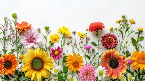 A minimalist arrangement of bright summer flowers like sunflowers and daisies