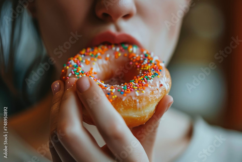 A person eating a donut with a frosting and a sprinkles