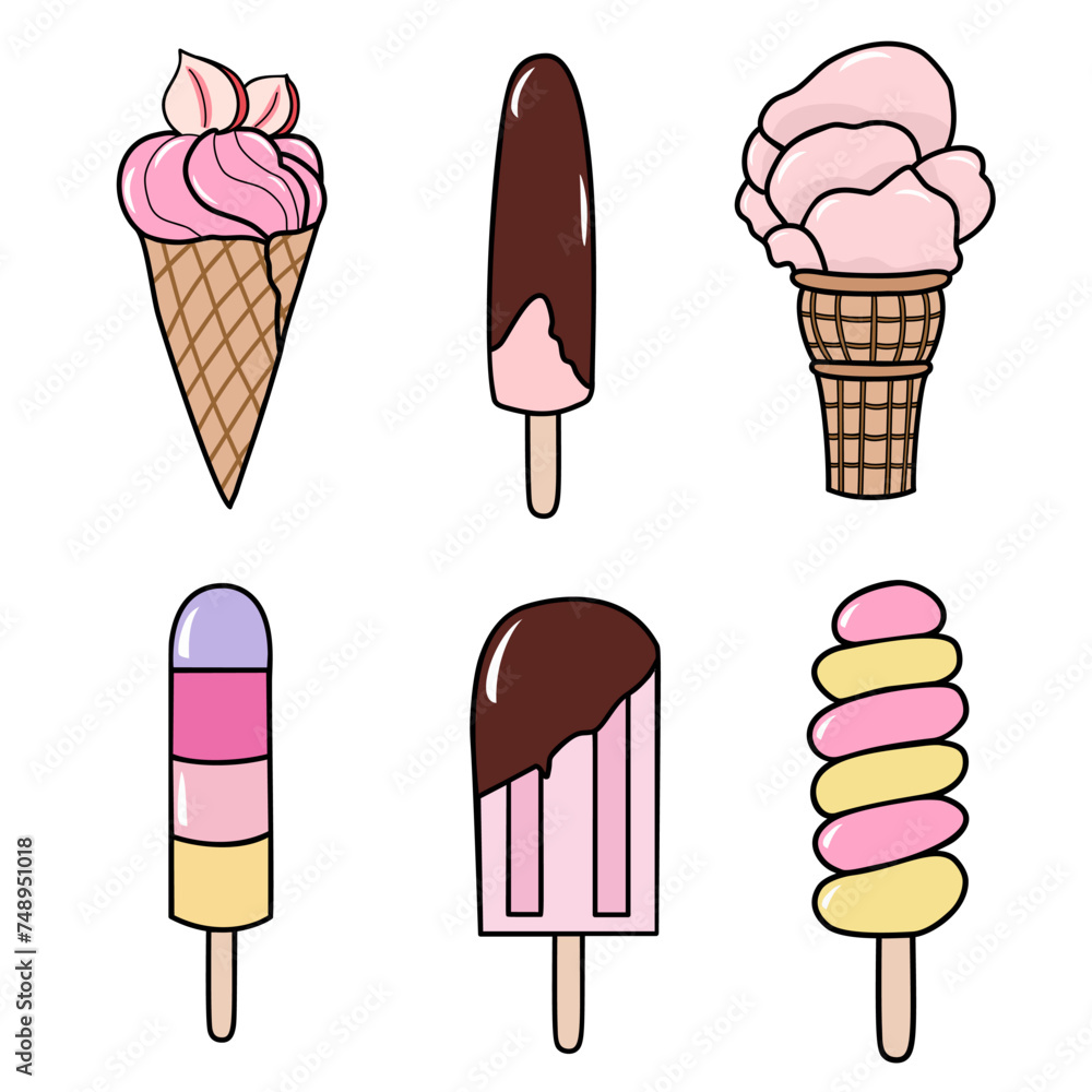 Set of tasty ice creams clipart. Sweet summer delicacy ice-cream and popsicles illustrations with different tastiest.