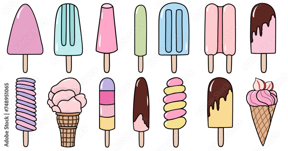 Set of tasty ice creams clipart. Sweet summer delicacy ice-cream and popsicles illustrations with different tastiest.