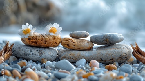 A minimalist composition of a rocky shoreline, with smooth pebbles scattered ...
