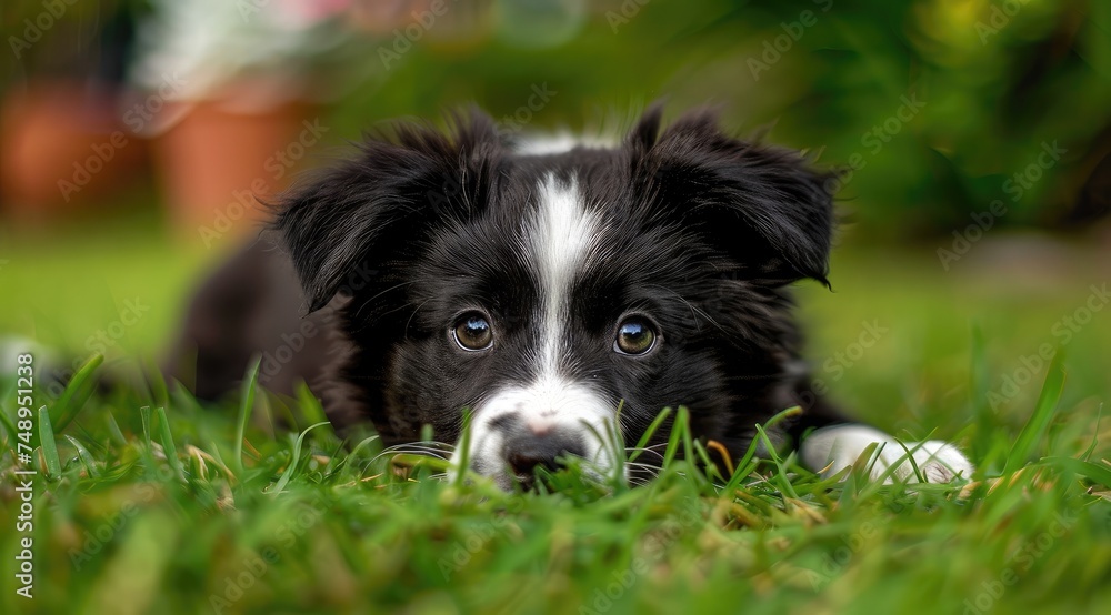 Charming Border Collie Puppy Amidst a Whimsical Garden Glow - Generative AI
