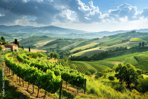 A panoramic view of a beautiful wine region with rolling hills and vineyards © Formoney