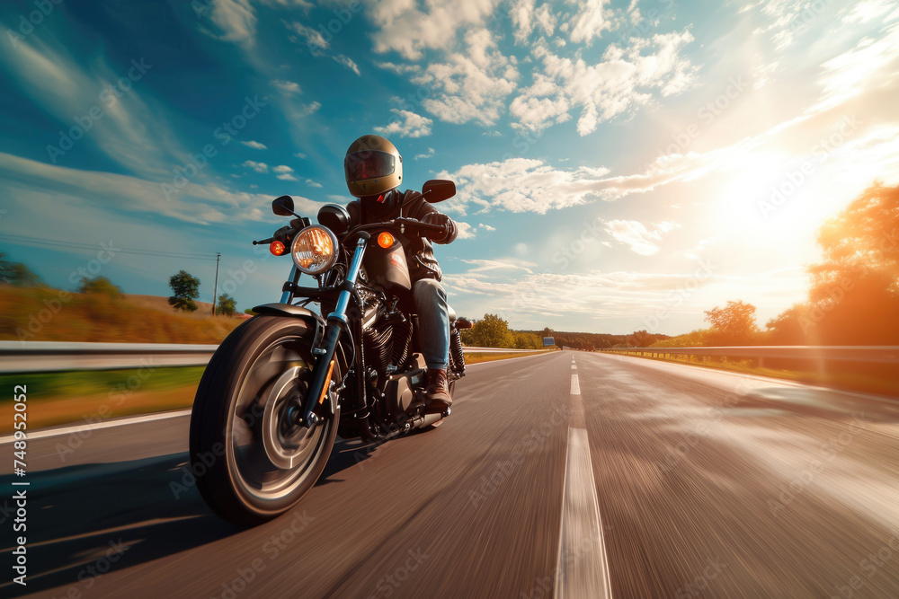 A man riding a motorcycle on a highway with a helmet and sunglasses A man riding a motorcycle on a highway with a helmet and sunglasses
