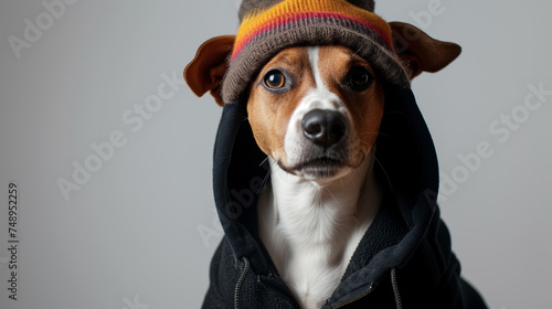 Funny dog in hipster knit hat. terrier looks at copy space, winter accessories or seasonal concept © ksu_ok