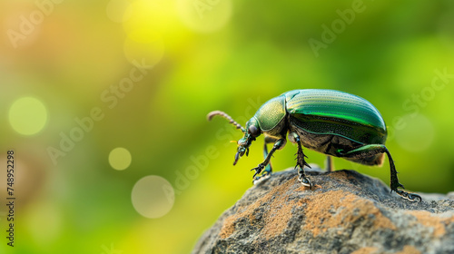 Besouro verde em uma pedra no jardim. Fotografia macro de inseto.