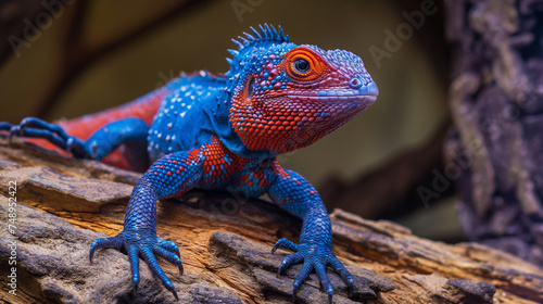 Lagarto Agama Azul e vermelho (Agama agama) em um tronco