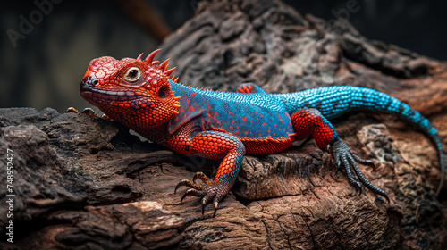 Lagarto Agama Azul e vermelho (Agama agama) em um tronco