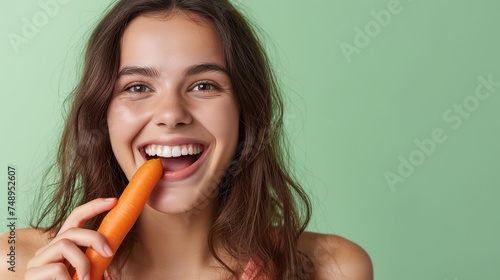 Smiling woman bites carrot. Isolated studio portrait. green background