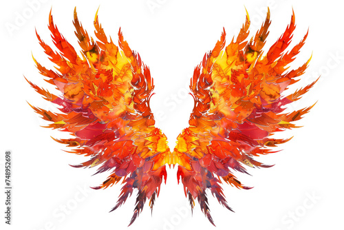 Fiery Angelic Wings in Vivid Hues Isolated on White Background 