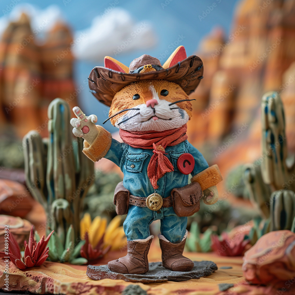 A playful plasticine model of a cat cowboy holding a peace sign set against a western landscape