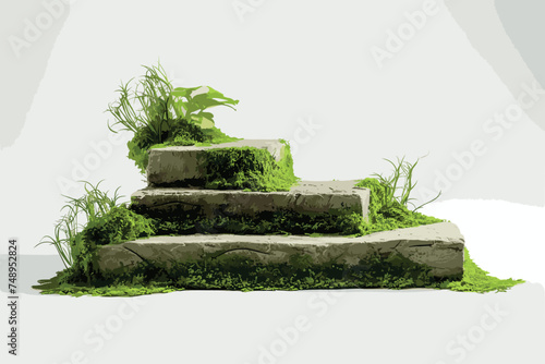  landscape with a garden stone lantern, herbs, stones, green bushes, trees and a stone path hand drawn in watercolor on a white background. Watercolor illustration.