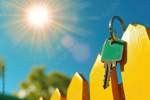 A keychain with a bronze key and a green tag hanging from a fence of a yellow house with a green roof photo